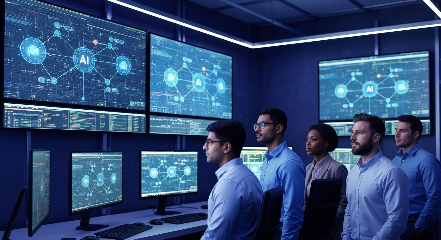 여러 AI 에이전트가 협력하여 업무를 자동화하는 모습을 보여주는 첨단 제어실에서 전문가들이 이를 감독하는 장면