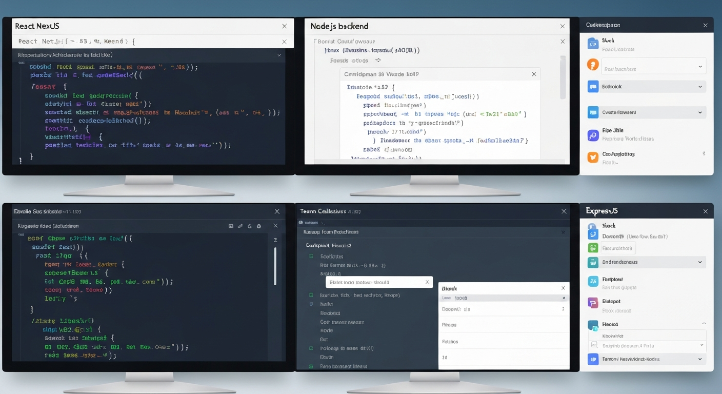 개발자 모니터에 프론트엔드 백엔드 팀 협업을 위한 CLAUDE.md 커스텀 설정 화면이 분할되어 보이는 모습