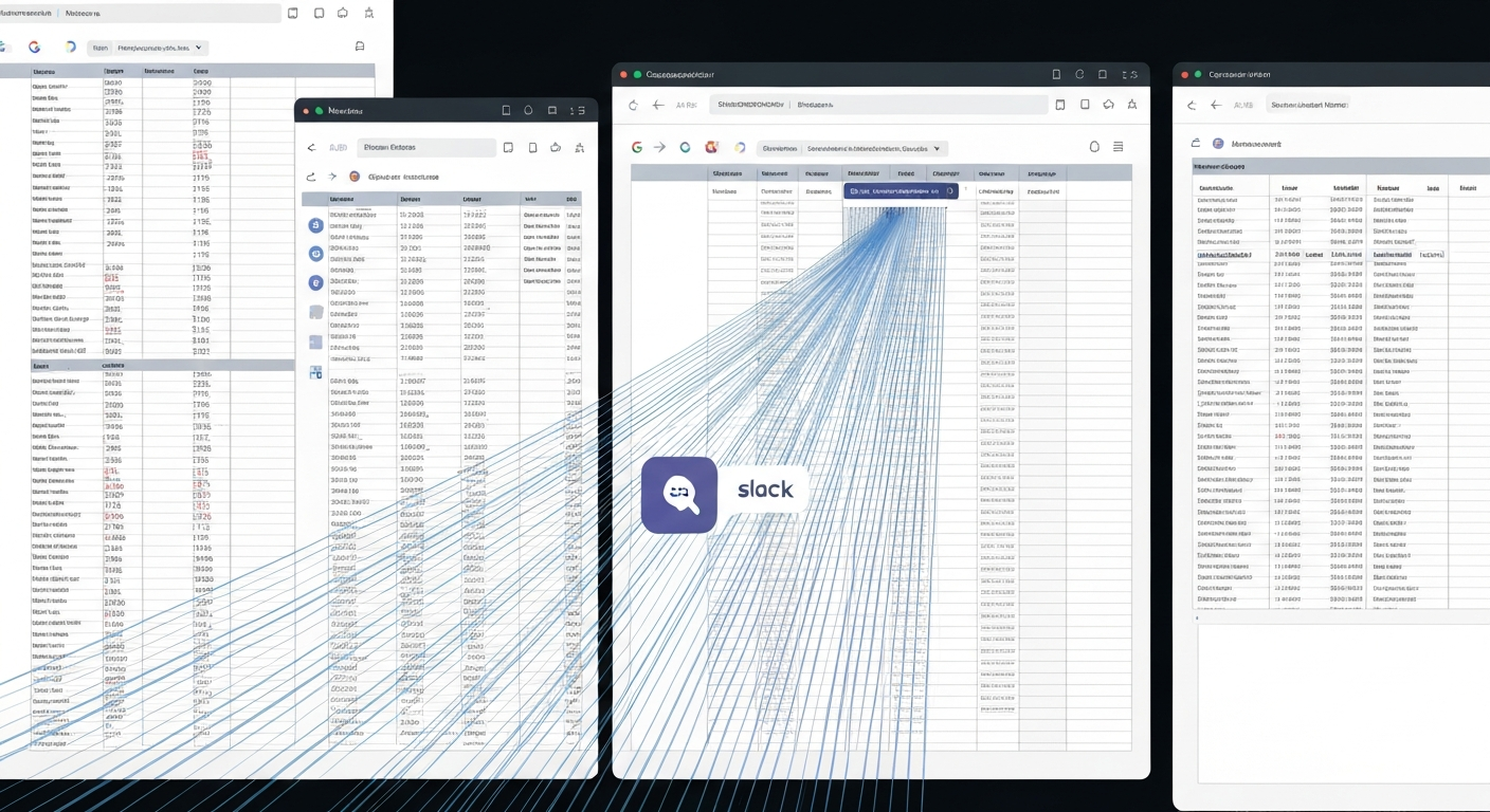여러 구글 스프레드시트 데이터가 하나의 스프레드시트로 통합되고 슬랙 알림이 뜨는 모습.