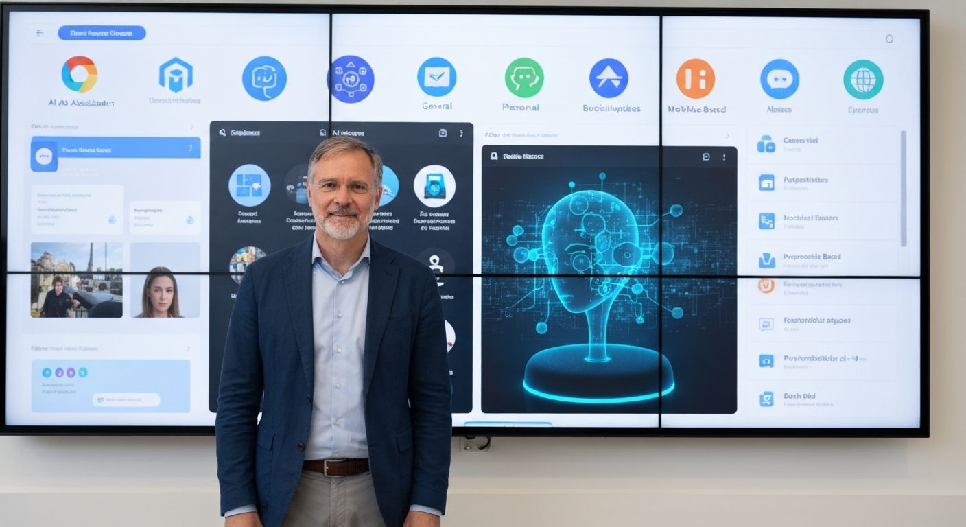 다양한 AI 비서 종류 범용 업무 특화 모바일 를 보여주는 디스플레이 앞에서 자신에게 맞는 비서를 고르는 사람