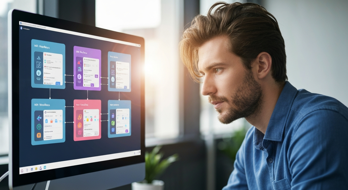 다양한 n8n 워크플로우가 성공적으로 작동하는 화면을 자신감 있게 바라보는 사람