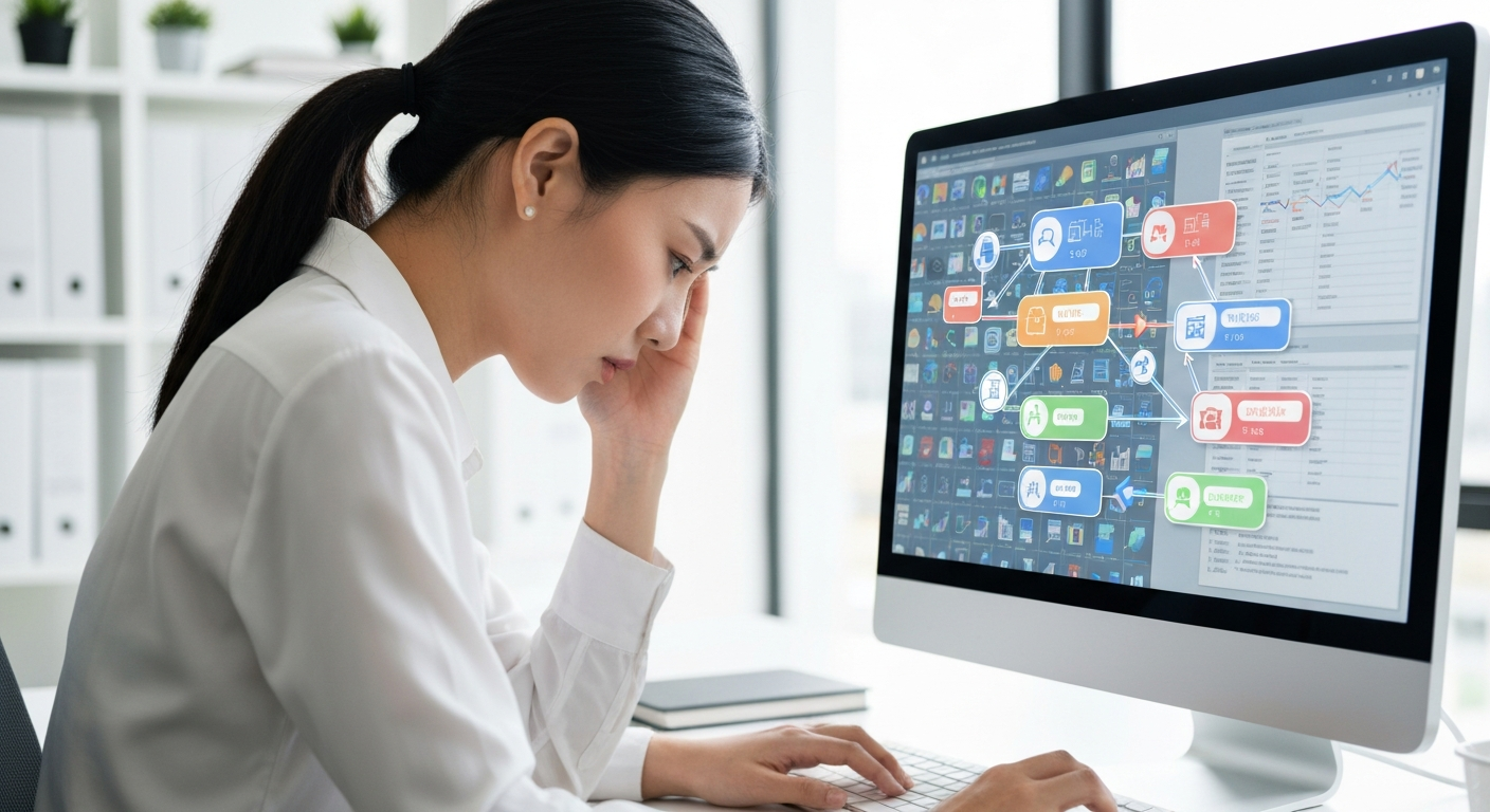 반복 업무에 지쳐 보이는 직장인과 효율적인 AI 자동화 워크플로우를 보여주는 홀로그램