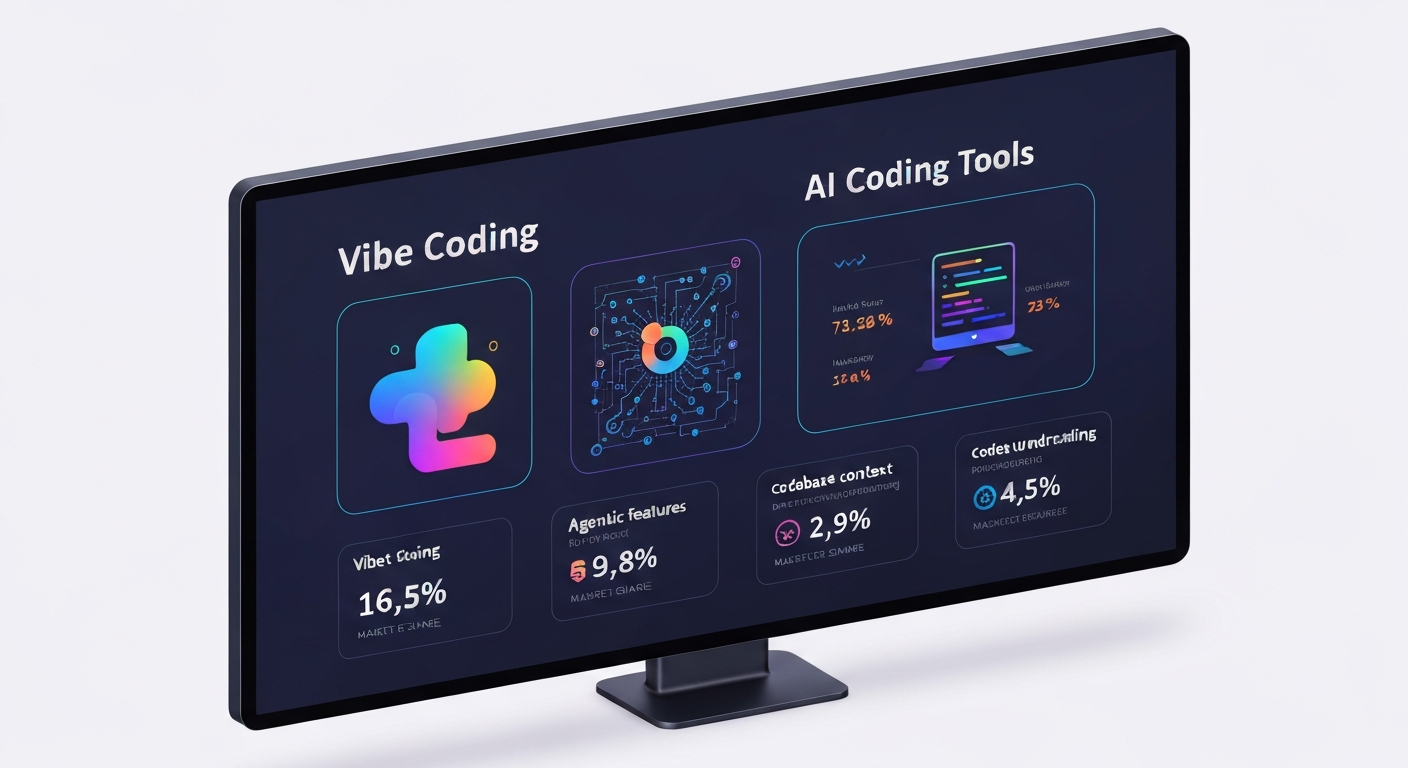 2026년 AI 코딩 도구 시장의 주요 트렌드와 점유율을 보여주는 스타일리시한 인포그래픽