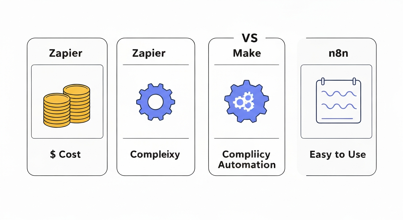 Zapier, Make, n8n 세 가지 툴의 가격, 난이도, 확장성을 시각적으로 비교 분석한 인포그래픽 이미지.