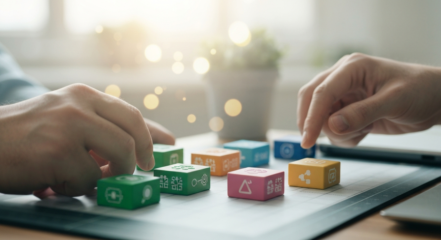 다채로운 디지털 블록들을 조립하여 앱과 데이터 흐름을 연결하는 손의 모습