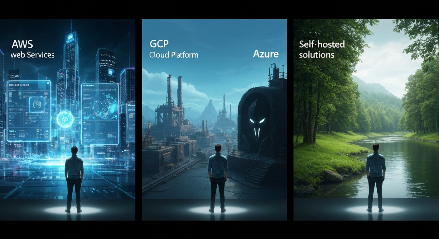 네 가지 n8n 설치 옵션 클라우드 Docker npm 데스크톱 셀프 호스팅을 상징하는 문이나 길이 보이는 갈림길에 서서 선택을 고민하는 사용자. 결정의 순간을 강조하는 고품질 실사 스타일 이미지.