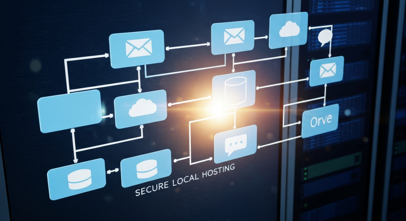 n8n과 유사한 디지털 화면에 노드 블록들이 연결선을 통해 데이터 흐름을 형성하는 모습. 배경에는 서버 랙이 보인다.