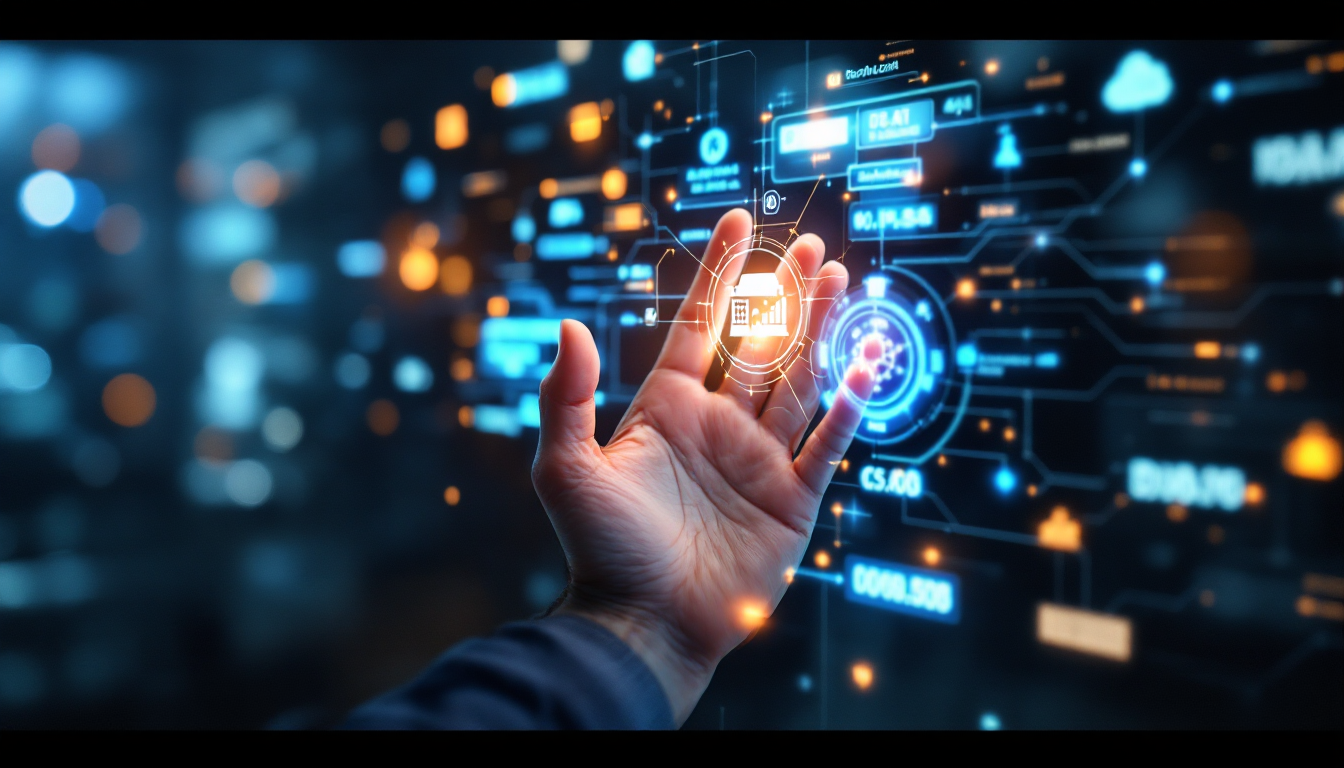 2026년 미래 사무실에서 AI 에이전트와 자동화가 결합된 모습을 보여주는 홀로그램 인터페이스를 조작하는 손