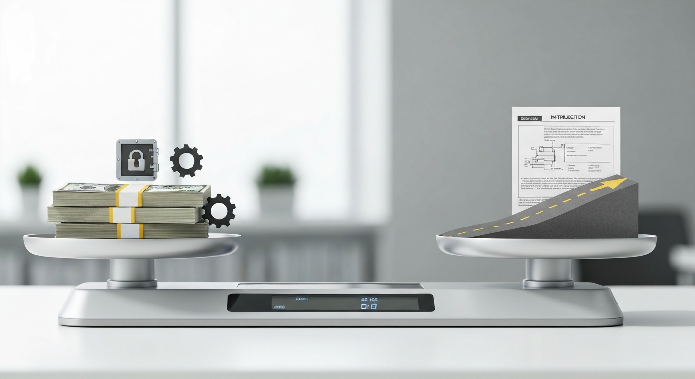 완벽하게 균형 잡힌 저울. 한쪽에는 비용 절감과 커스터마이징을 상징하는 요소, 다른 한쪽에는 학습 곡선을 나타내는 요소가 있다.