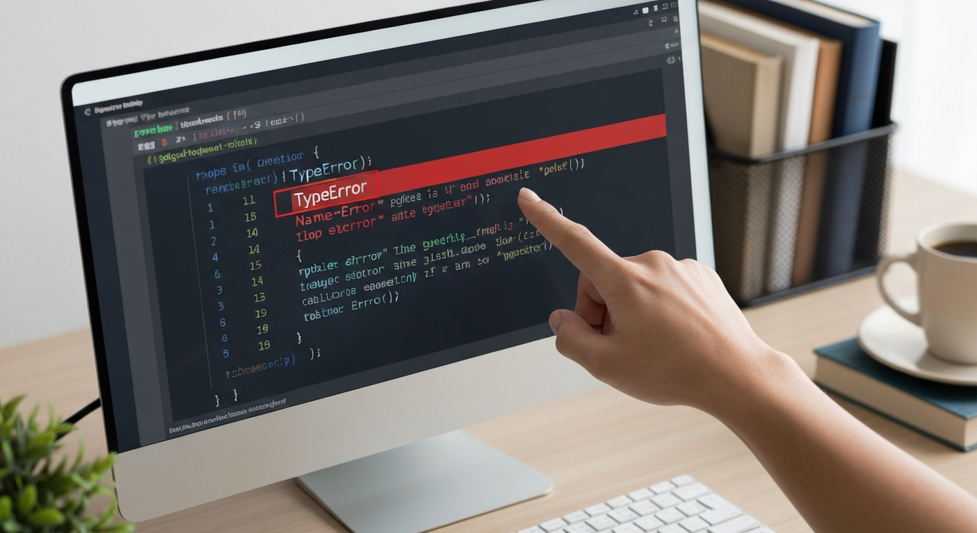 파이썬 오류 메시지가 화면에 표시되고 이를 해결하려는 개발자의 모습