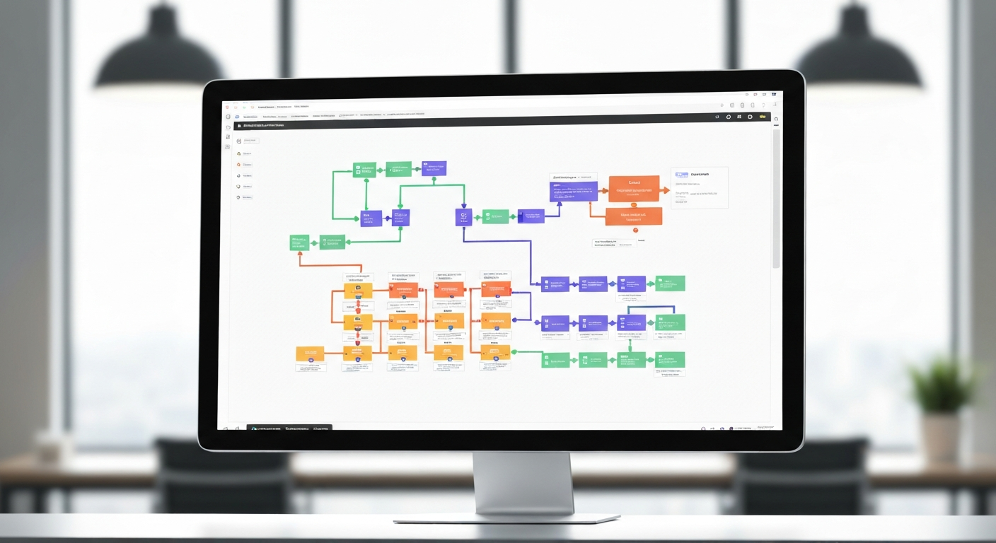 복잡한 로직과 조건부 분기가 시각적인 다이어그램 형태로 표현된 Make의 강력한 워크플로우 설계 능력을 보여주는 이미지.