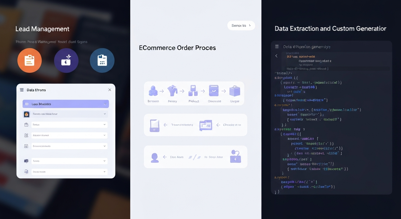 리드 관리, 이커머스 주문 처리, 맞춤형 보고서 생성 등 실제 업무 자동화 워크플로우 예시들을 보여주는 이미지.