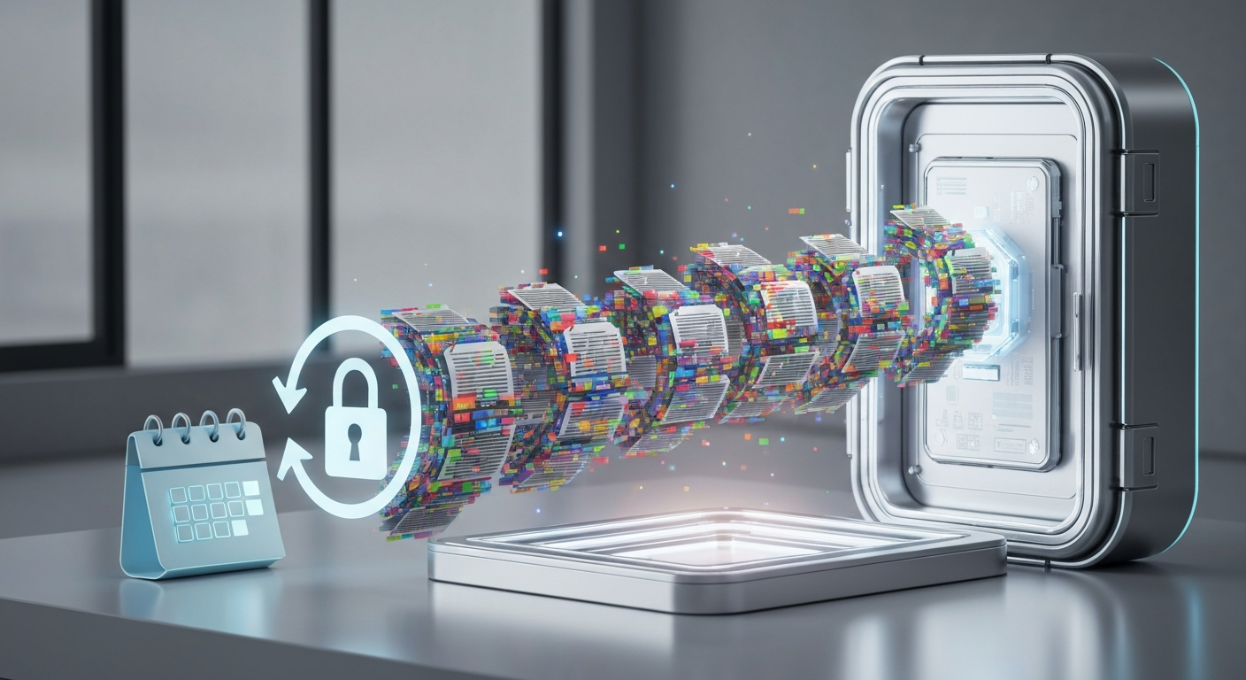 업데이트를 상징하는 원형 화살표와 백업 볼트로 이동하는 디지털 파일이 얽힌 안전한 자물쇠 아이콘. 정기적인 유지보수를 암시하는 달력 아이콘이 있는 고품질 실사 스타일 이미지.